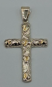 SU 925 Sterling Silver Cross Pendant Gold & Silver Tone 1 1/2" x 1" - Picture 1 of 3