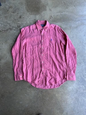 Camisa Polo Ralph Lauren Para Hombres Talla M Rosa Cuello Lazo Lino Seda Abotonada  Foto 1 de 4