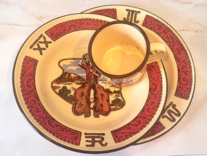 ROUND UP RANCHWARE- Western enamel plate bowl And Matching Cup- Cowboy On Horse - Picture 1 of 4