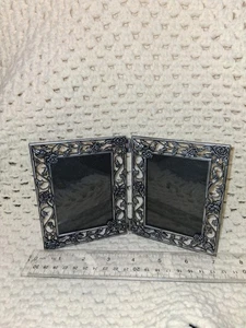 Pewter Rose Vine Double Hinged Picture Frame Holds 2 - 3.5 x 2.5" Pictures EUC - Picture 1 of 4