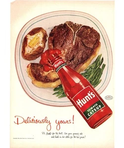 1952 Hunt's Ketchup Bottle Vintage Print Ad T Bone Steak Catsup 50s Wall Art - Bild 1 von 2