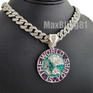 The World is Yours Pendant & 16" 18" 20" 24" Iced Cuban Box Lock Chain Necklace - Picture 1 of 30