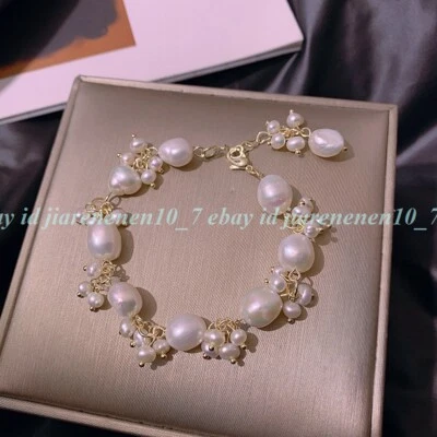 Genuine Natural 11-12mm White Freshwater Baroque Pearl Beads Bracelet 6-9'' - Image 1 of 4
