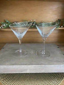 Set of 2 Pier 1 Clear Crackle Slant Martini/Cosmo Glasses Hand Blown 7 1/4" - Picture 1 of 8