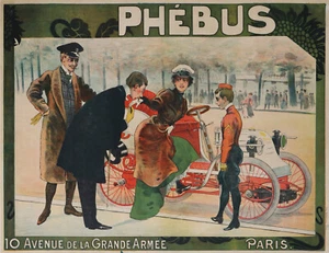 PÓSTER DE COCHE VINTAGE DE 1900 PHEBUS AUTOMOBILES 10 AVENUE GDE ARMÉE PARIS - Imagen 1 de 1