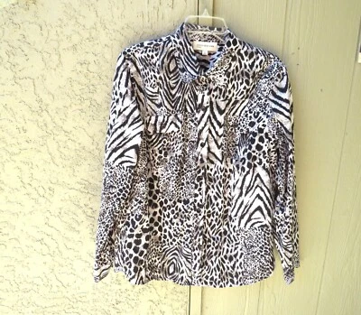 Jones New York Sport Blouse Sz XL Gray Black Animal Long Sleeve Cotton Button - Image 1 of 4