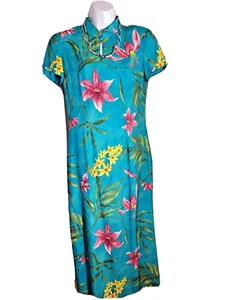 10P Vtg DAVID WARREN Petites New York Silk Dress Turquoise Floral USA Tropical - Picture 1 of 6