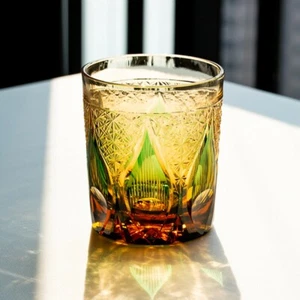 Hand Carved Edo Kiriko Drinking Glass Amber Green Whiskey Rock Glasses 9 Ounces - Picture 1 of 11