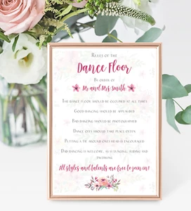 Personalised A4 Wedding Sign Dance Floor Rules - Pretty Floral Design - Picture 1 of 3