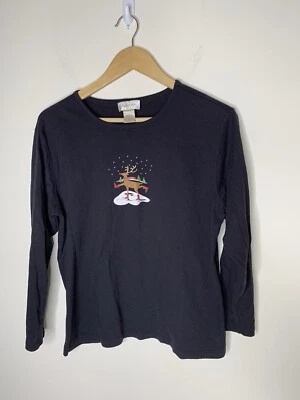 Studio Works Womens Large Reindeer Deer Long Sleeve Black Christmas Season - Image 1 of 4