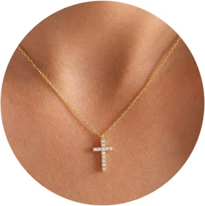 14K Gold Cross Necklace for Women Dainty Layered Chain Pendant Jewelry Gift - Picture 1 of 12