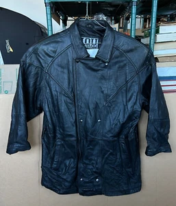 Vintage IOU Black Leather Jacket Motorcycle Biker Coat Men’s Quilted Size L - Picture 1 of 18