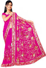 Deep Pink Saree Sari Bollywood Sequin Indian Chiffon Costume danse du ventre Top