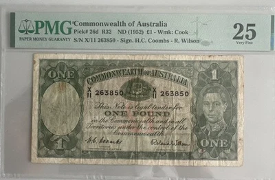 1952 COMMONWEALTH OF AUSTRALIA Pick#26d PMG Very FINE 25 ONE POUND NOTE - Image 1 of 2