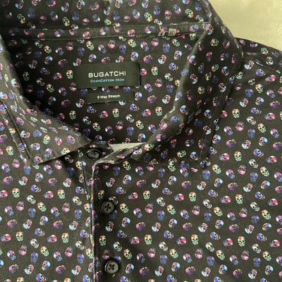 Bugatchi Men's Short Sleeve 1/4 Button 8 Way Stretch Shirt XL Black Skull Patter - Image 1 of 4
