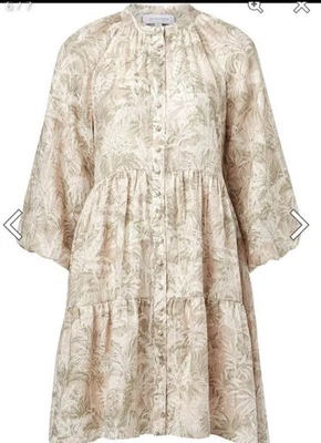 Size 6 WITCHERY Dress Oversized Palm Print Linen Half Sleeve Neutral Evergreen - image 1 of 4