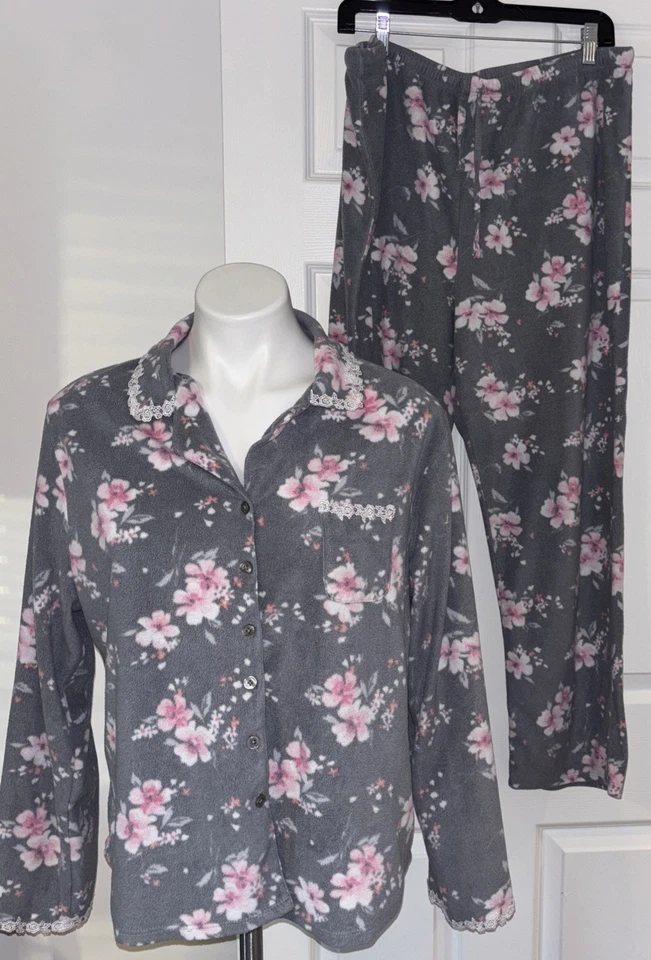 Conjunto de pijama polar Aria gris rosa floral abotonable top y pantalón para mujer’s 1X Foto 1 de 4