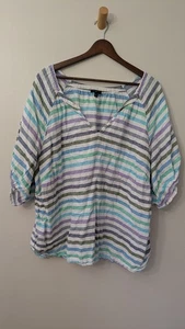 Talbots Plus Linen Top 3X Striped Relaxed Beachy Casual Coastal Colorful Boho - Picture 1 of 8