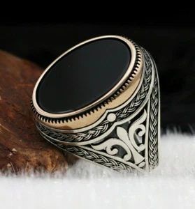 Anillo turco ovalado plano de piedra de ónix liso plata esterlina 925 para hombre - Imagen 1 de 3