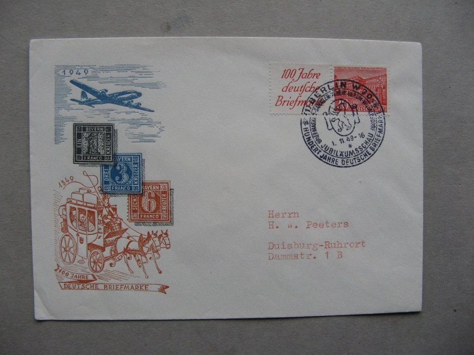 GERMANY BRD BERLIN, cover FDC 1949, stamp +tab from booklet buildings University - Image 1 of 1