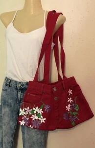 Upcycled Red Denim Lawman Jeans Purse Painted Flowers Lined Handbag Vintage - Picture 1 of 14