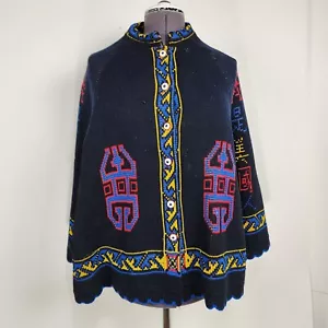 Vintage Sturbridge schwarz Strick Pullover Cape Poncho Knopfleiste asiatisches Muster - Bild 1 von 7