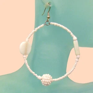 2 1/2" Bright White Color Mixed Bead Boho Handmade Seed Bead Hoop Earrings - Picture 1 of 4