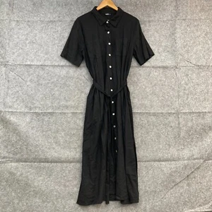 Dotti Dress Womens 14 Black Short Sleeve Pockets Belt Button Front Linen 41716 - Picture 1 of 11
