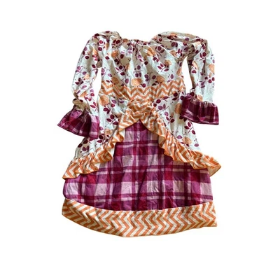 Girls Long Sleeve Dress Floral Plaid Orange Ruffle Trim Cottagecore - Image 1 of 2