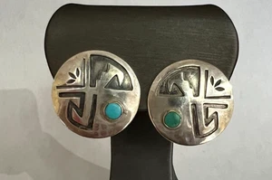 VINTAGE AZTEKEN TÜRKIS & STERLINGSILBER KNOPF CLIP-ON OHRRINGE - Bild 1 von 6