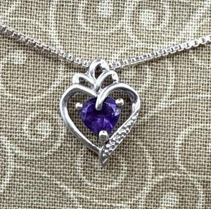 Sterling Silver 925 Amethyst Heart on 16” Italian Box Chain Purple Cute Gift - Picture 1 of 7
