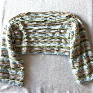 Handmade Crochet Cropped Sweater L Large Boho Hippie Flare Bell Sleeve Stripes - Picture 1 of 7