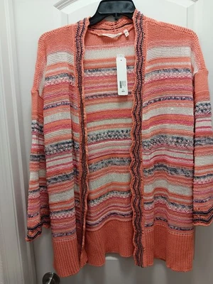 Soft Surroundings Artist Cardi 尺寸 M 开放式前桃色条纹全新带标签 99 美元 — 第 1/4 张图片