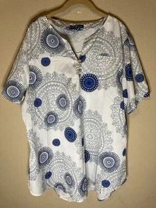 Emery Rose Tunic Blouse Top Sz 3X Blue White Geometric Abstract - Picture 1 of 8