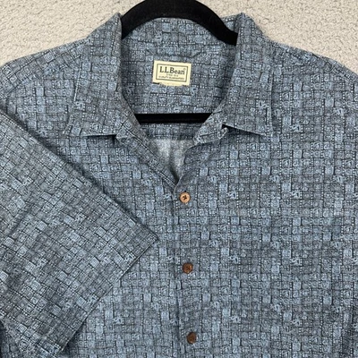 LL Bean Shirt Mens M Blue Hawaiian Button Tropical Island Beach Tiki Loop Collar - Image 1 of 4