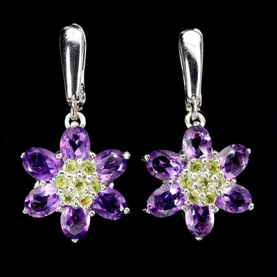 925 Sterling Silver Earrings Oval Amethyst 7x5mm Peridot Flower Gemstone Jewelry - Image 1 of 4