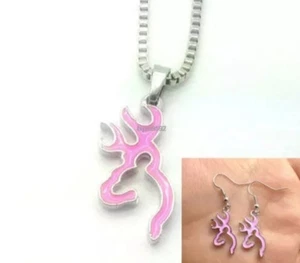 Pink Buck Deer Necklace Fish Hook Earrings Set - Picture 1 of 3