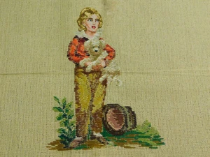Vintage Pre-worked TRAMME Needlepoint Tapestry Canvas Boy with Dog Petit Point - Picture 1 of 7