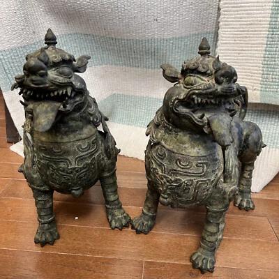 19TH C TIBETAN KYLIN SNOW LION BRONZE FIGURES A SET  VINTAGE - Image 1 of 4