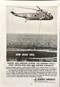 Sikorsky Aircraft Navy HSS-2 Helicopter ASW Warfare Vintage Print Ad 1960 - Picture 1 of 6