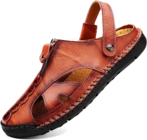 Men'S Casual Closed Toe Adjustable Leather Sandals Handmade Fisherman Beach Sand - Picture 1 of 12
