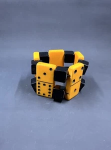 Artisan Chunky Butterscotch BAKELITE & Black Plastic Domino Stretch Bracelet. - Picture 1 of 11