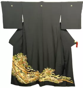 Kimono Tomesode japonés vintage poliéster cesta negra escudo coche altura 62,9 pulgadas - Imagen 1 de 23