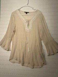 Zac & Rachel Women's Large Light Beige Bell Sleeves With White Lace Neck Top - Picture 1 of 8