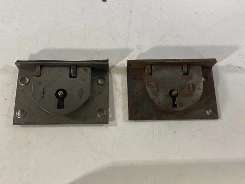 2 Vintage Cabinet Drawer Lock Dresser Latch Hardware Top Strap Salvage Cover