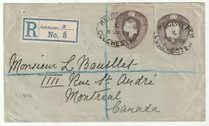 1908 RARA CANCELLERIA POSTALE KEVII ENV + TAGLIO EXTRA REGISTRATO COLCHESTER ES41b - Foto 1 di 2