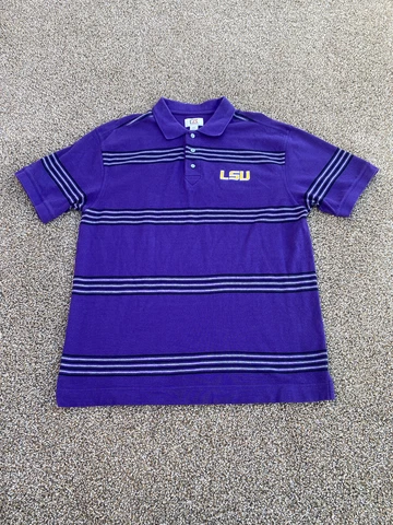 LSU Tigers Polo Shirt Mens M Purple Striped Short Sleeve Pulllover Cutter & Buck Cover
