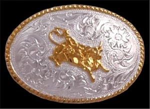 New! 3D Belt Co. Youth sized silver & gold BULL RIDER BELT BUCKLE w/ Gold trim  - Picture 1 of 1