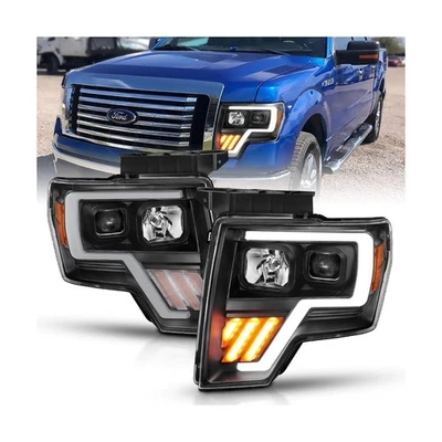 AMERILITE For 2009-2014 Ford F150 Truck LED Tube Projector Black Halogen Headlights Set