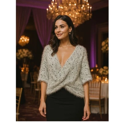 Suéter Anthropologie Marled Fuzzy Twist Frontal Plateado Negro Dorado Talla Única Foto 1 de 4